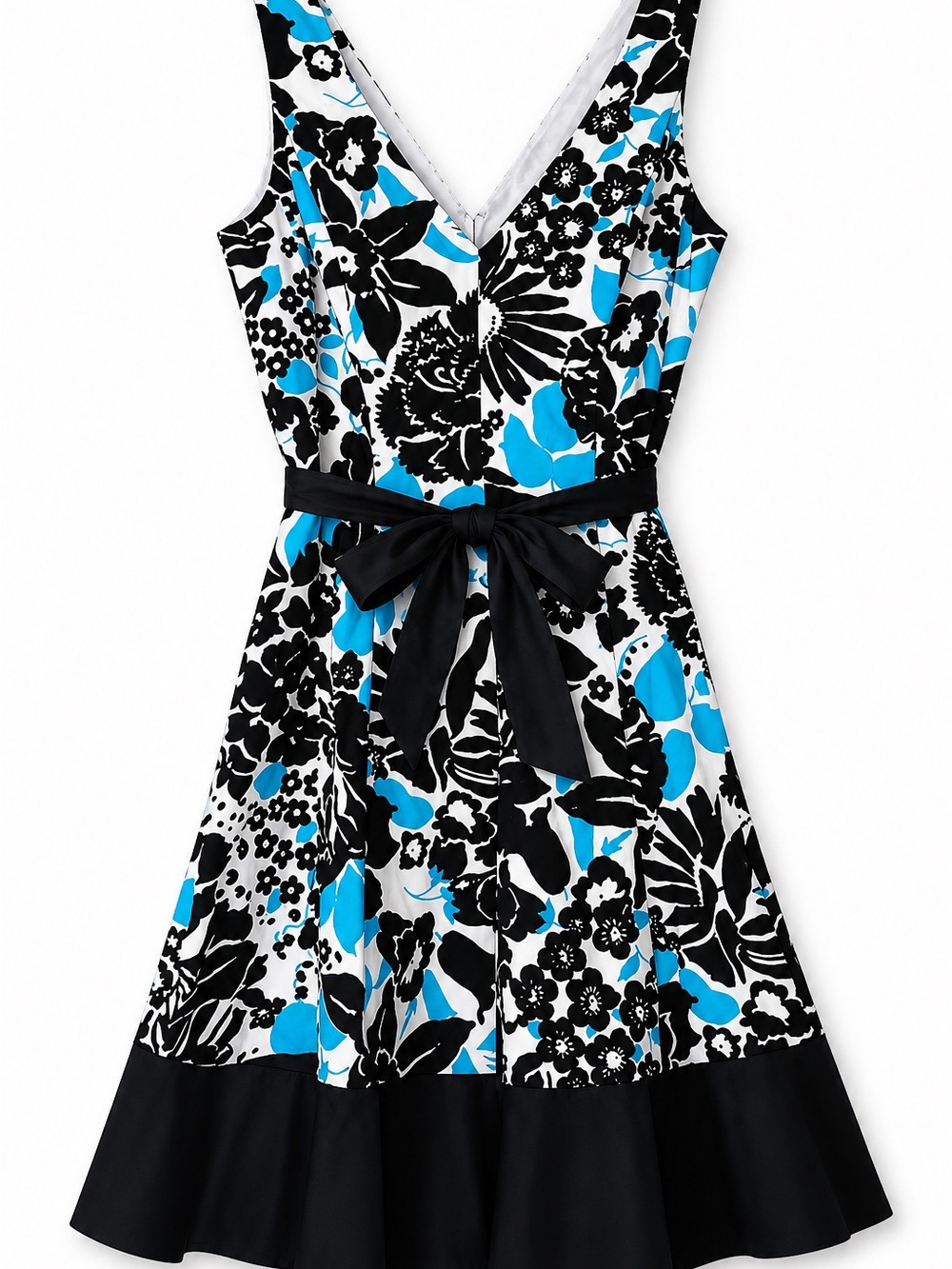 Jones Studio Floral Fit & Flare Dress 12 Black White Blue Belted V-Neck Summer